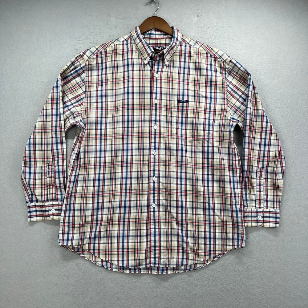 Chaps Ralph Lauren Shirt Mens XL Tan Blue Red Plaid Long Sleeve Business Preppy